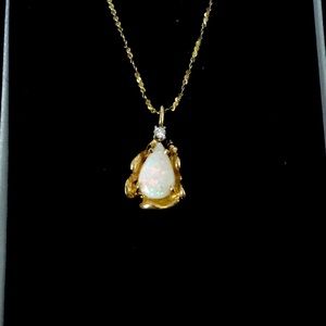 Gold Opal & Diamond Pendant on Gold Chain